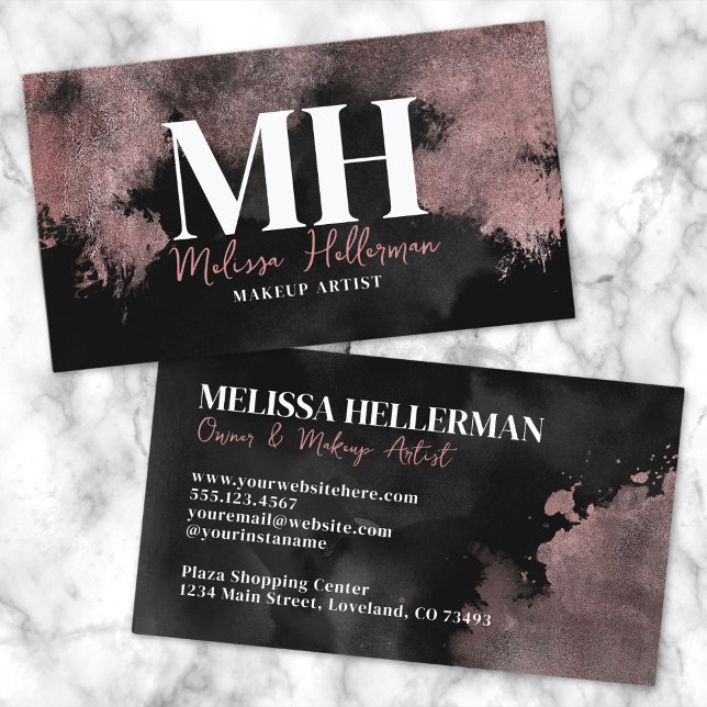 Tarjeta De Visita Elegante Monograma de Oro Rosa Negro (Elegant Black Rose Gold Monogram Business Card)