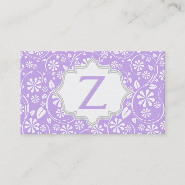Tarjeta De Visita Elegante monograma de patrón floral blanco morado, (Anverso)
