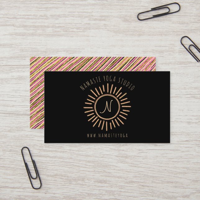 Tarjeta De Visita Elegante Monograma dorado amarillo negro rosado (Anverso/Reverso In Situ)