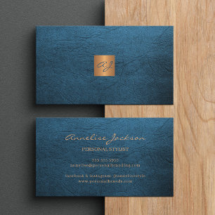 Tarjeta De Visita Elegante monograma dorado de cobre de cuero azul d