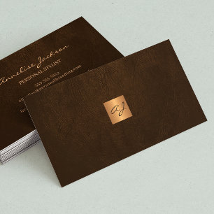 Tarjeta De Visita Elegante monograma dorado de cobre de cuero marrón