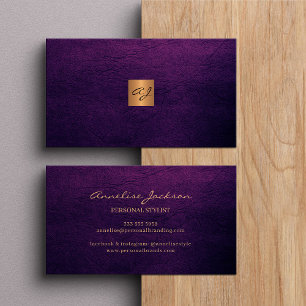 Tarjeta De Visita Elegante monograma dorado de cobre de cuero púrpur