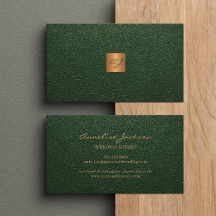 Tarjeta De Visita Elegante monograma dorado de cobre de cuero verde 
