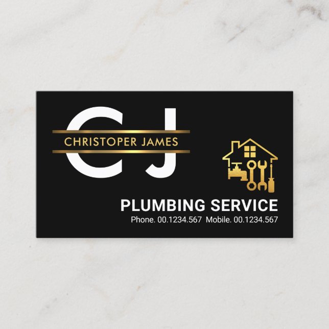 Tarjeta De Visita Elegante Monograma Dorado Placard Border Plumero (Anverso)
