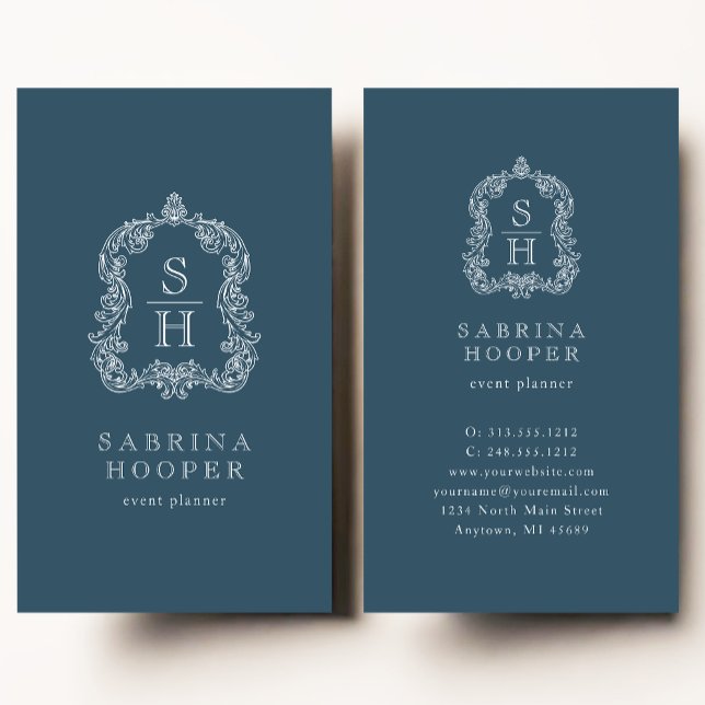 Tarjeta De Visita Elegante Monograma Escudo Planner Indigo (Subido por el creador)