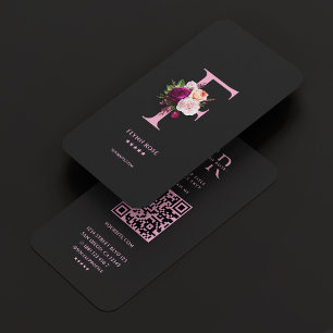 Tarjeta De Visita Elegante Monograma F Rosa Floral Rosa Negro