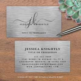 Tarjeta De Visita Elegante Monograma Faux Metallic Silver Script