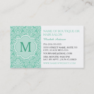 Tarjeta De Visita Elegante Monograma Feminine Mint Damask Boutique