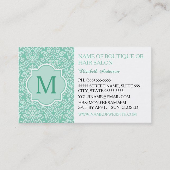 Tarjeta De Visita Elegante Monograma Feminine Mint Damask Boutique (Anverso)