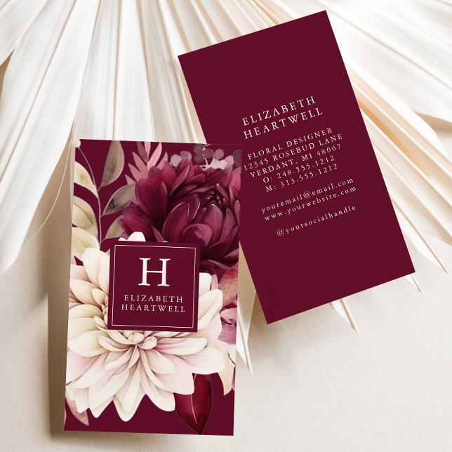 Tarjeta De Visita Elegante Monograma floral de marfil de Borgoña (Subido por el creador)