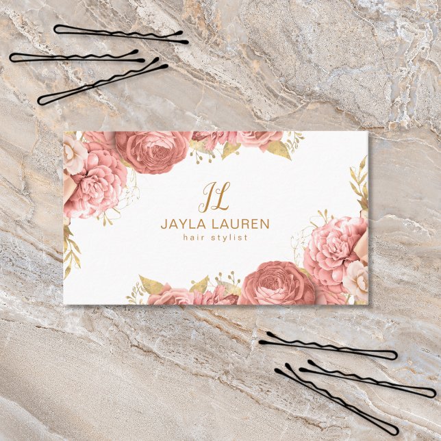 Tarjeta De Visita Elegante Monograma Floral Oro Rosa (Subido por el creador)