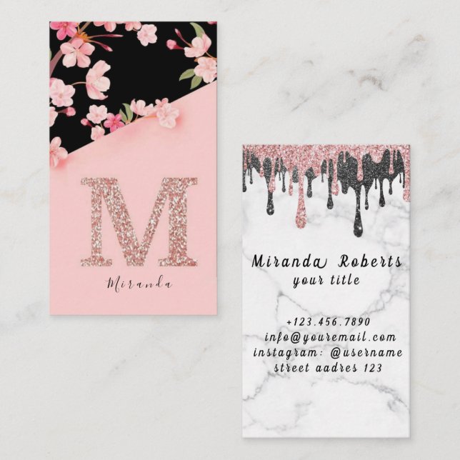 Tarjeta De Visita Elegante Monograma Floral Rosa Letra Gold Inicial  (Anverso / Reverso)