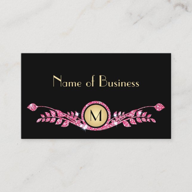 Tarjeta De Visita Elegante Monograma floral rosa y negro Faux Glitz (Anverso)