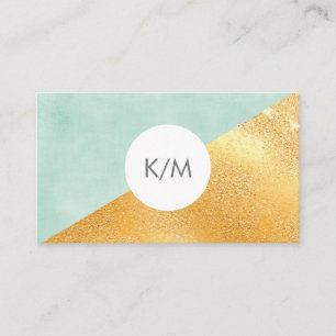 Tarjeta De Visita Elegante Monograma Geométrico Mint Green & Gold