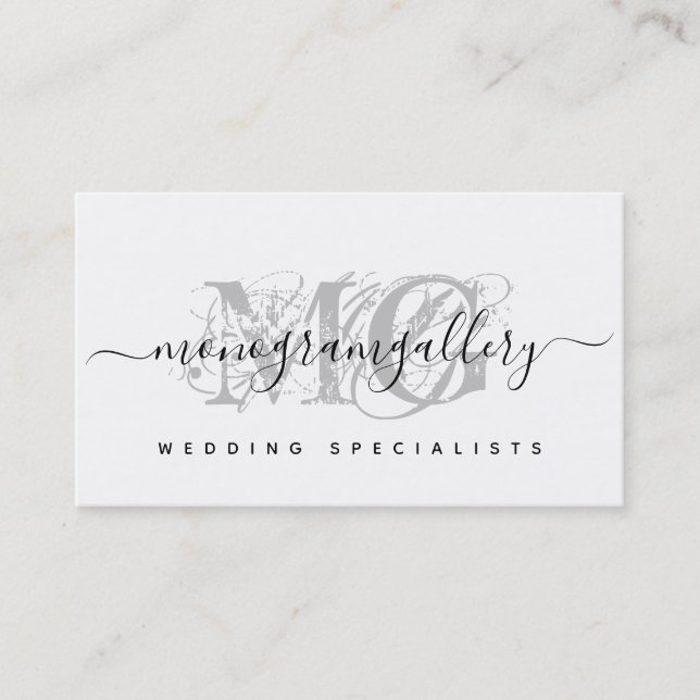 Tarjeta De Visita Elegante Monograma Gris Luxe Glam Script (Anverso)