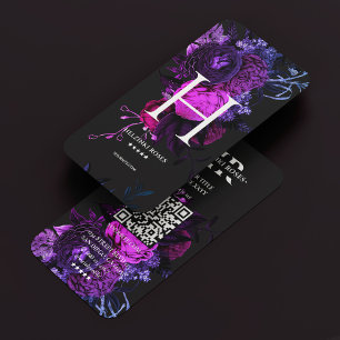 Tarjeta De Visita Elegante Monograma H Rosa floral Azul morado oscur