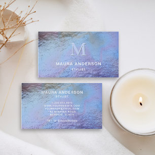 Tarjeta De Visita Elegante monograma holográfico azul morado moderno