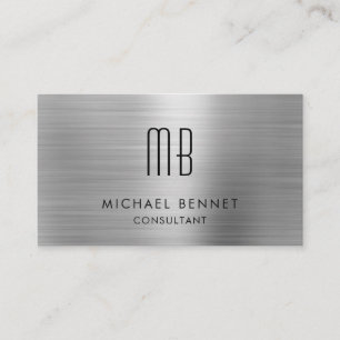 Tarjeta De Visita Elegante Monograma Metálico Gris Plateado Consulto