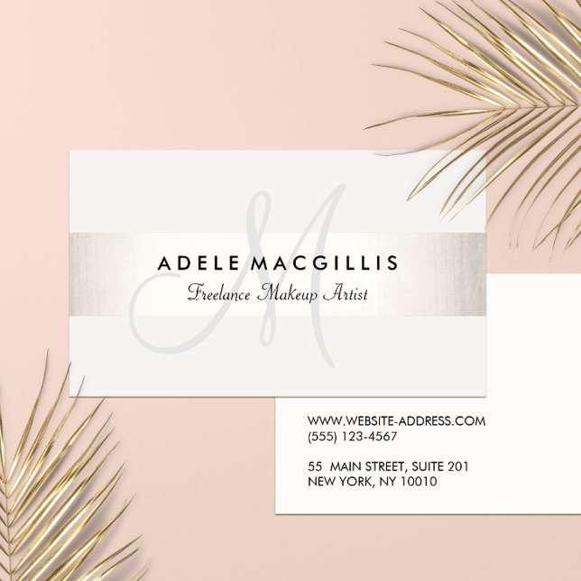 Tarjeta De Visita Elegante Monograma moderno FAUX Plata Stripe Blanc (Subido por el creador)