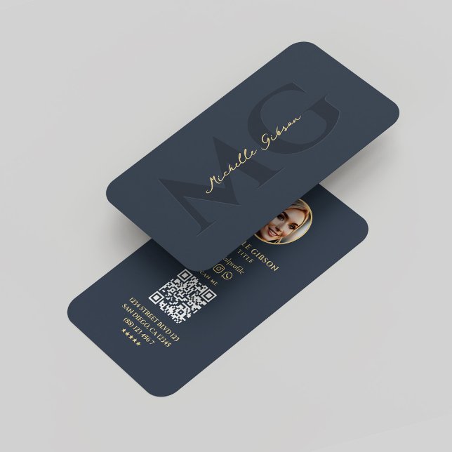 Tarjeta De Visita Elegante Monograma moderno Profesional Azul oscuro (Elegant Modern Monogram Professional Marketing Notary Attorney Realtor Blue Photo Business Card
)