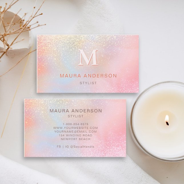 Tarjeta De Visita Elegante monograma moderno rosado de Rubor holográ (holographic business card pink blush shimmer hairdresser stylist coach artist lash nails makeup)
