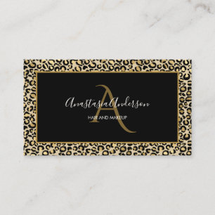 Tarjeta De Visita Elegante Monograma Negro de Leopardo Dorado