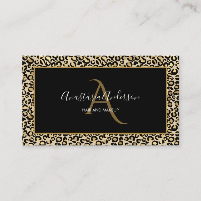 Tarjeta De Visita Elegante Monograma Negro de Leopardo Dorado (Anverso)