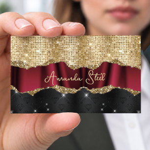 Tarjeta De Visita Elegante monograma negro dorado rojo falso Glitter