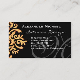 Tarjeta De Visita Elegante Monograma Negro y Damasco de Oro