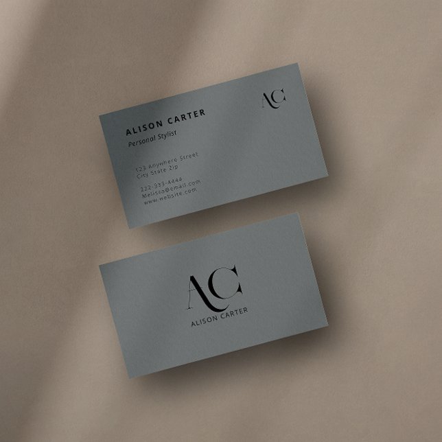Tarjeta De Visita Elegante Monograma Negro y Gris | Mínimo moderno (A black and gray business card with an elegant monogram design.)