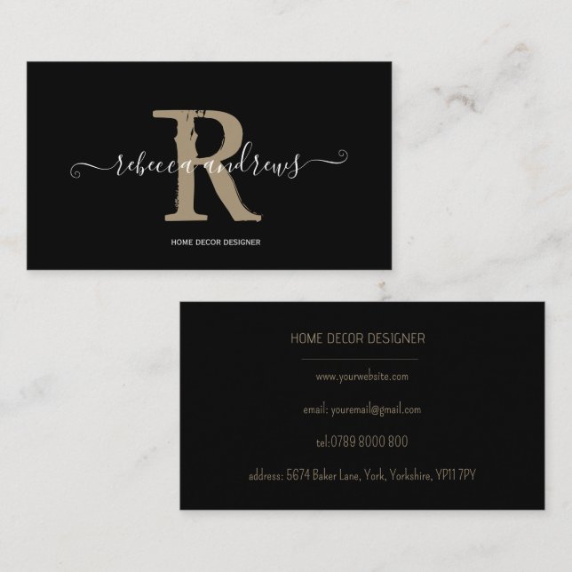 Tarjeta De Visita Elegante Monograma Nombre de guión Negro inicial (Anverso / Reverso)