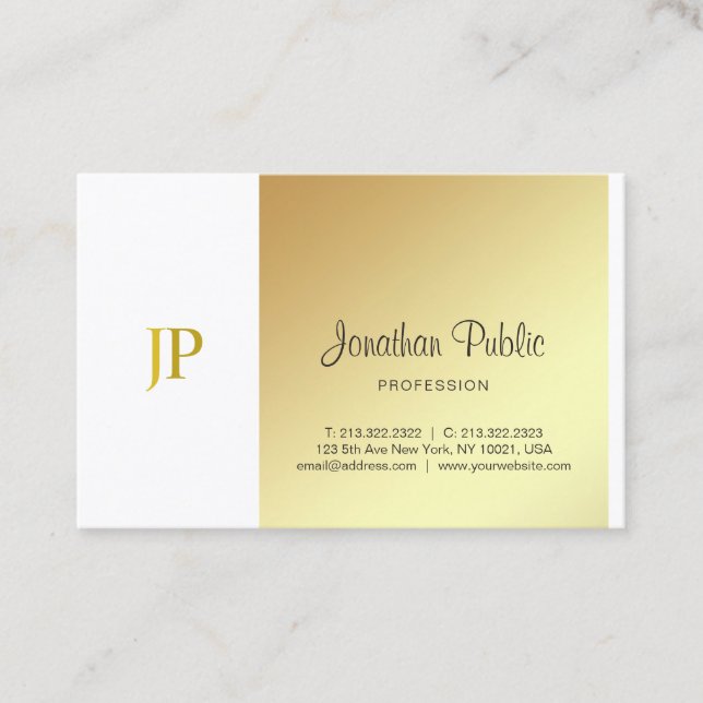 Tarjeta De Visita Elegante Monograma Oro Blanco Lujo Sencillo Script (Anverso)