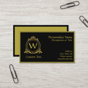 Tarjeta De Visita Elegante Monograma Personalizado Negro y Dorado co