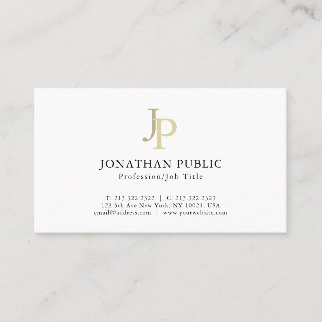 Tarjeta De Visita Elegante Monograma Profesional Gold White Template (Anverso)