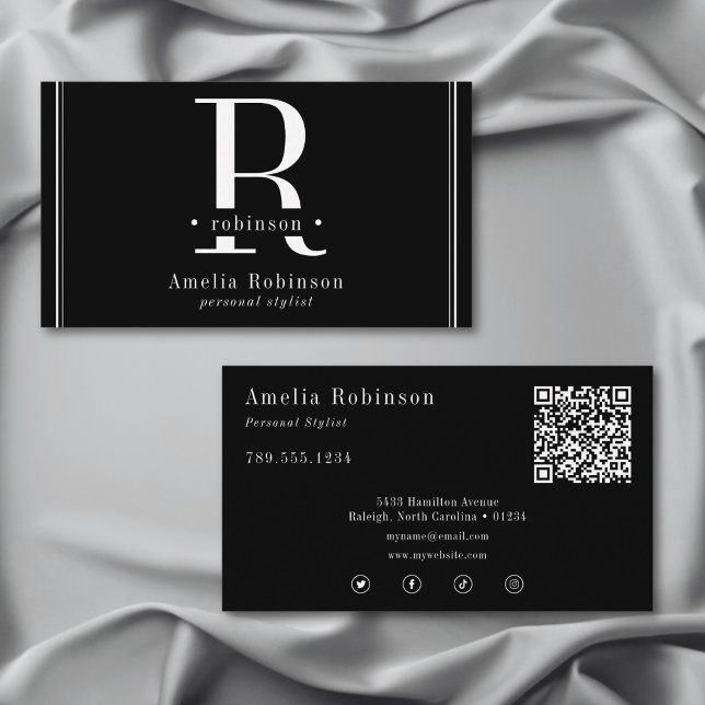 Tarjeta De Visita Elegante Monograma Profesional Negro y Blanco (Elegant Professional Monogram Black & White Business Card)