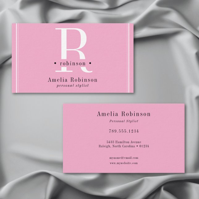 Tarjeta De Visita Elegante Monograma Profesional Rosa Negro y Blanco (Elegant Professional Monogram Pink Black & White Business Card)