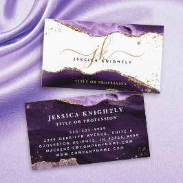 Tarjeta De Visita Elegante Monograma Purpurina de oro Agate Purple