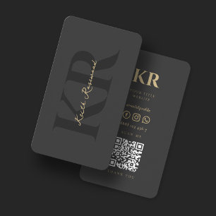Tarjeta De Visita Elegante Monograma QR Código Profesional Gris oscu