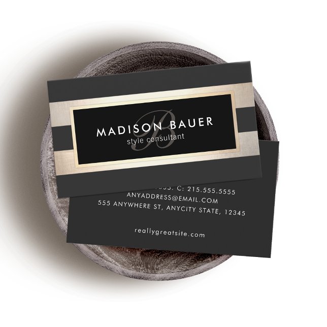 Tarjeta De Visita Elegante Monograma rayado Relieve metalizado dorad (Subido por el creador)