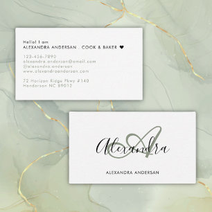 Tarjeta De Visita Elegante Monograma Sage Green Black Script Name