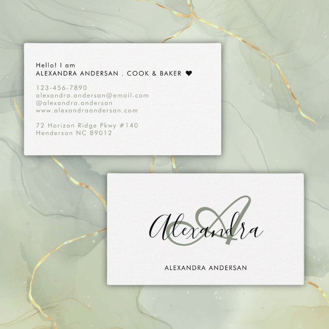 Tarjeta De Visita Elegante Monograma Sage Green Black Script Name (Elegant Monogram Sage Green Black Script Name Business Card)