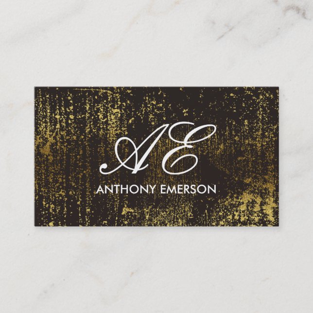 Tarjeta De Visita Elegante Monograma Script Grunge de oro (Anverso)