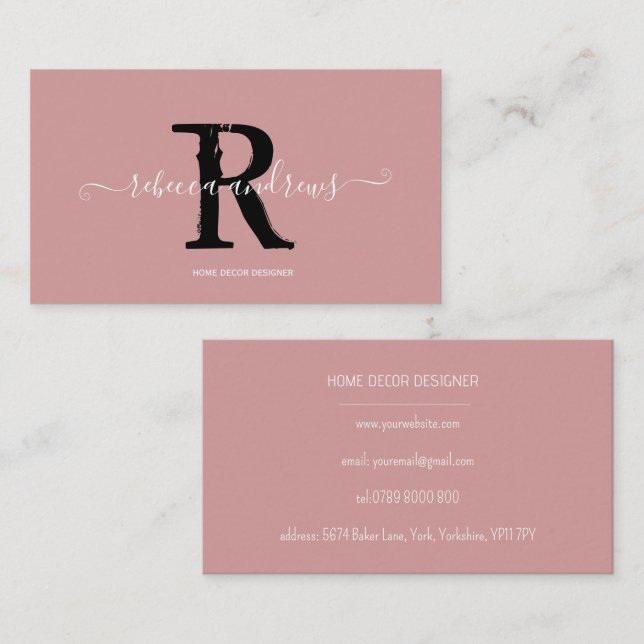 Tarjeta De Visita Elegante Monograma Script Nombre Dusty inicial Ros (Anverso / Reverso)