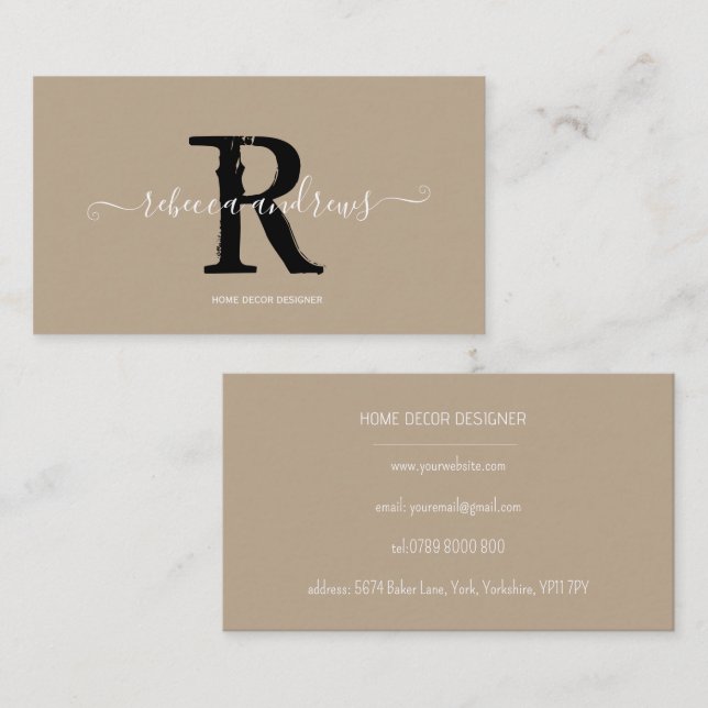 Tarjeta De Visita Elegante Monograma Script Nombre Taupe Inicial (Anverso / Reverso)