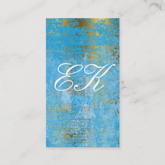 Tarjeta De Visita Elegante Monograma Script Oro Grunge Textura Azul (Anverso)