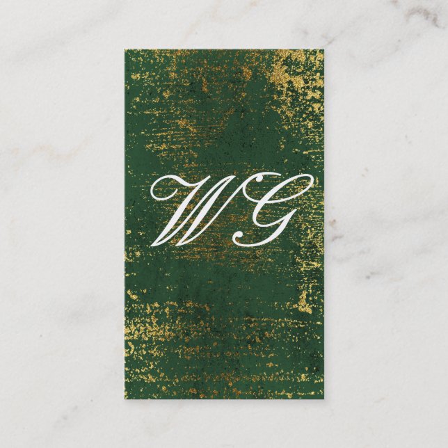 Tarjeta De Visita Elegante Monograma Script Oro Grunge Textura Verde (Anverso)