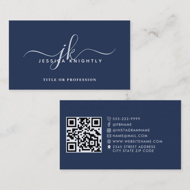 Tarjeta De Visita Elegante Monograma Script QR Código Medios sociale (Anverso / Reverso)