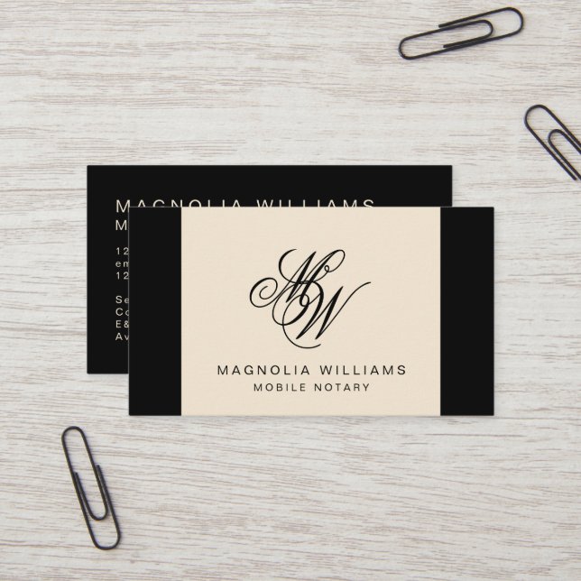 Tarjeta De Visita Elegante Monograma simple Notario Móvil Beige Negr (Anverso/Reverso In Situ)