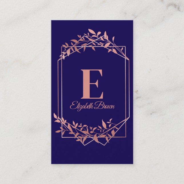 Tarjeta De Visita Elegante monogramado de marco dorado rosa hojas az (Anverso)