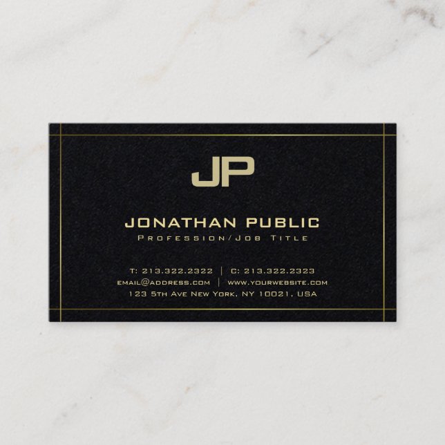 Tarjeta De Visita Elegante Monogramed Plain Premium Black Luxury (Anverso)